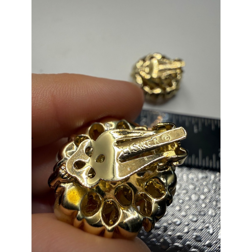 Vintage Lisner Faux Pearl Baguette Rhinestone Gold Tone Clip On Earrings Signed - Picture 4 of 4